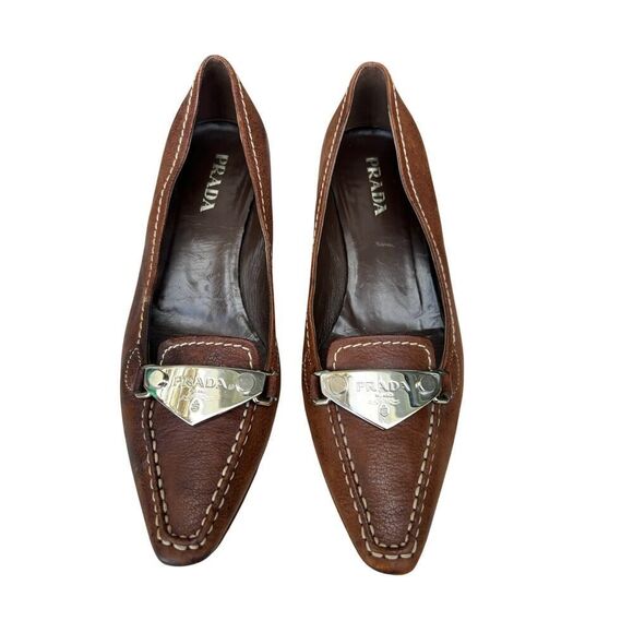 PRADA LEATHER KITTEN HEEL LOAFER PUMP BROWN SIZE 7, EURO 37.5 - Picture 3 of 10